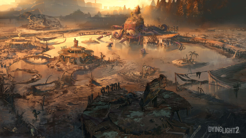 Dying Light 2 abandoned amusement park at sunset with giant octopus ride and overgrown ruins Wallpaper