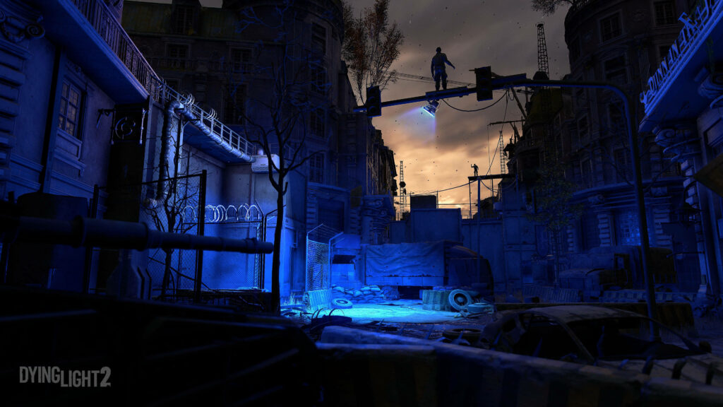 Dying Light 2 wallpaper blue eerie urban ruins lone survivor atop traffic signal post-apocalypse