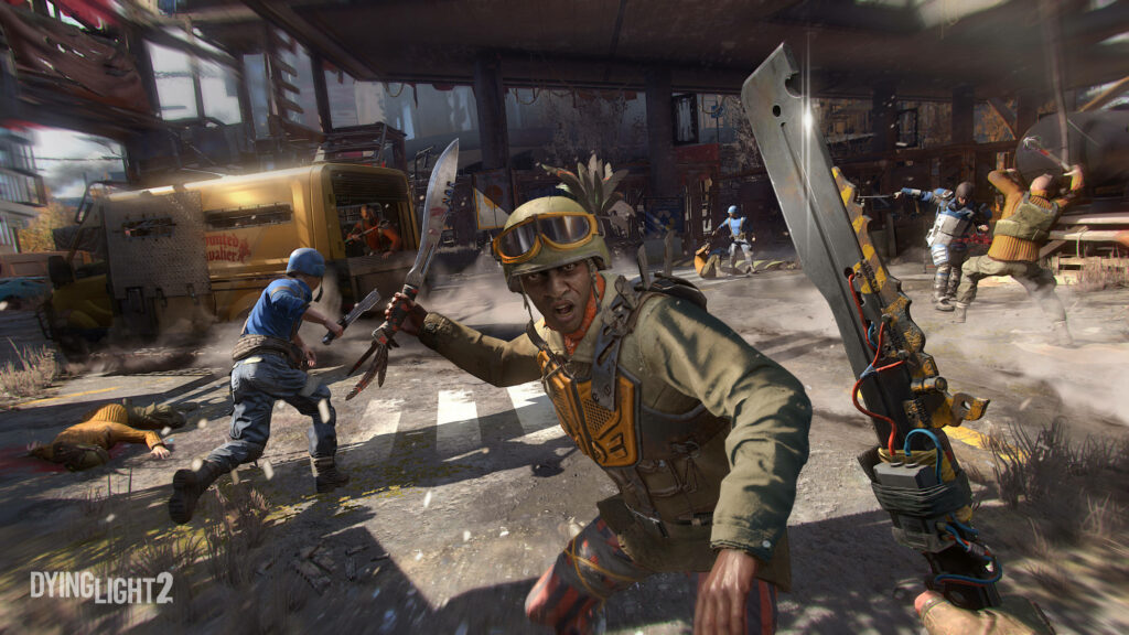 Dying Light 2 Humans wallpaper showing intense urban combat with survivors in rugged gear