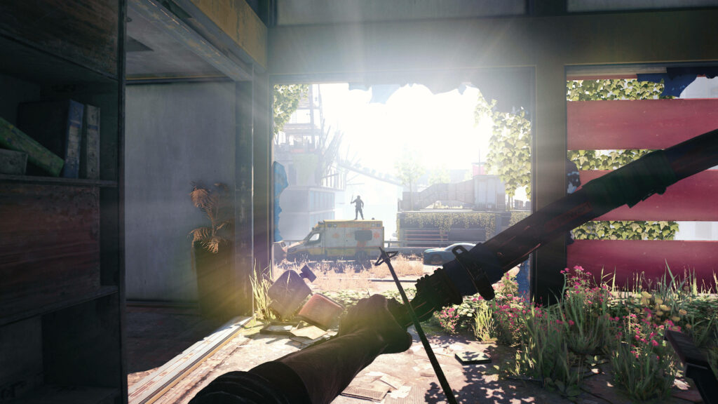 Dying Light 2 intense bow action in sunlit post-apocalyptic building with greenery and debris Wallpaper