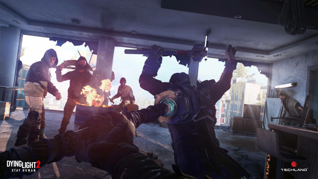 Survivors in Dying Light 2 Peace Makers standoff inside ruined building with sunlight and shadows Wallpaper