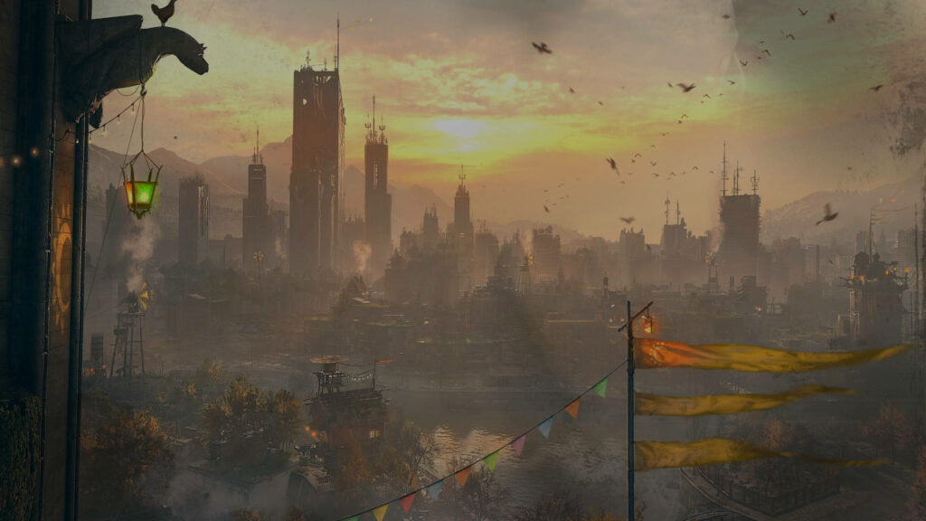 Dying Light 2 cityscape with decayed buildings golden sunset birds fluttering flags post-apocalyptic wallpaper
