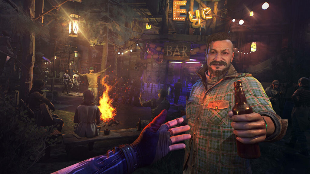 Dying Light 2 rustic bar scene with survivors, warm firelight, neon signs, and friendly character Wallpaper