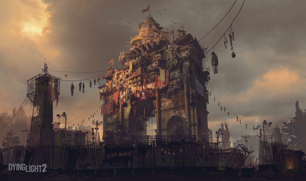 Dying Light 2 survivor base with fortified defenses warning banners and post apocalyptic atmosphere Wallpaper