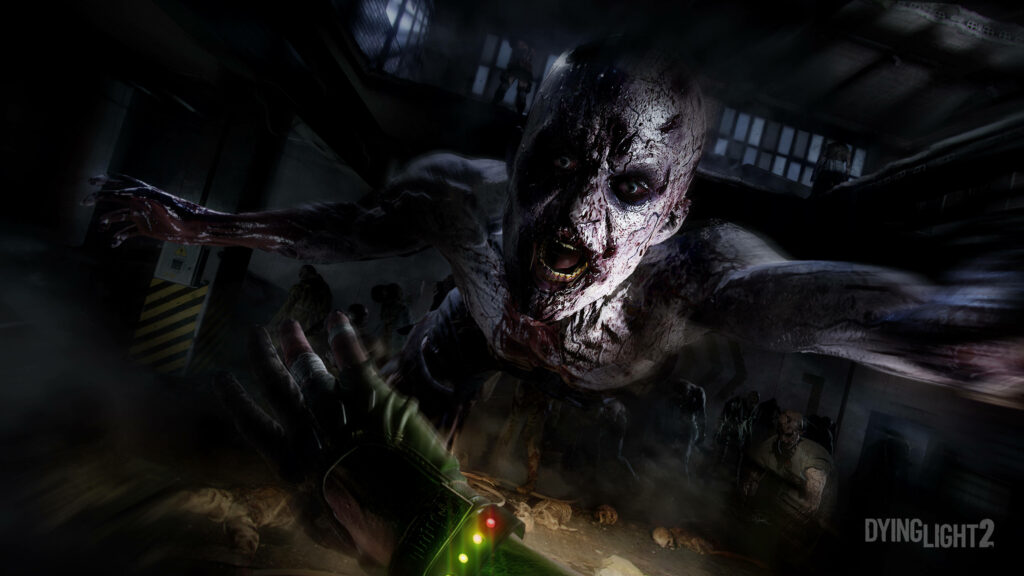 Terrifying Volatile zombie leaping through darkness with decayed features in Dying Light 2 wallpaper