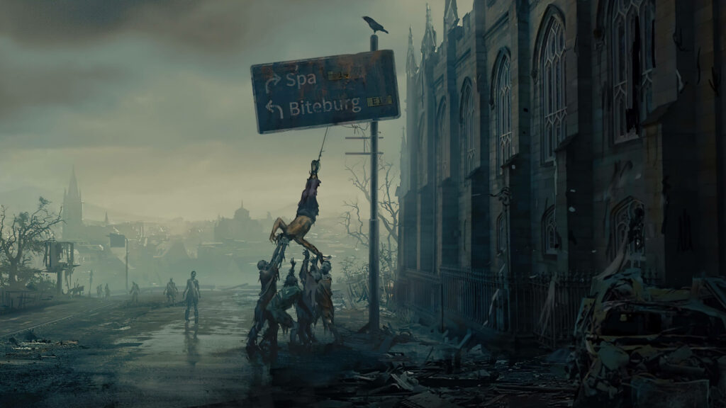 Dying Light 2 wallpaper post-apocalyptic city with zombies reaching corpse under broken sign