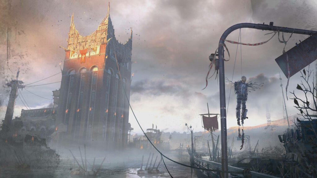 Dying Light 2 wallpaper showing eerie post-apocalyptic city with crumbling gothic tower and mist