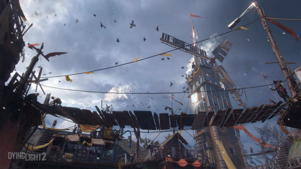 Dying Light 2 wallpaper post-apocalyptic skyline windmill birds weathered wood dramatic clouds