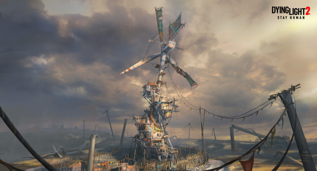 Dying Light 2 wallpaper windmill over post-apocalyptic landscape showing survival and hope