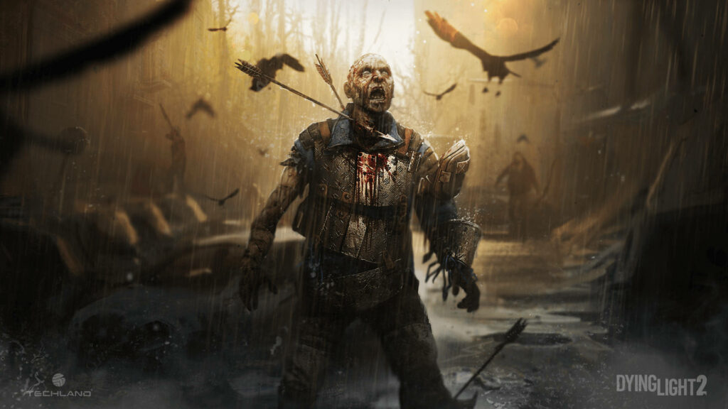 Menacing zombie in foggy street with crows dark survival horror Dying Light 2 wallpaper background