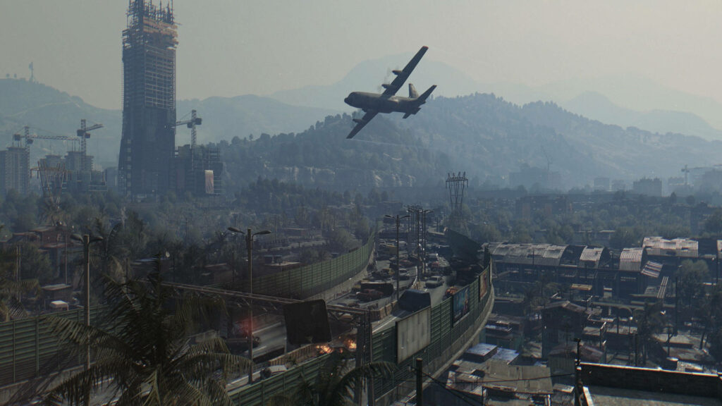 Dying Light city aerial view showing dense buildings plane above skyline post-apocalyptic landscape Wallpaper