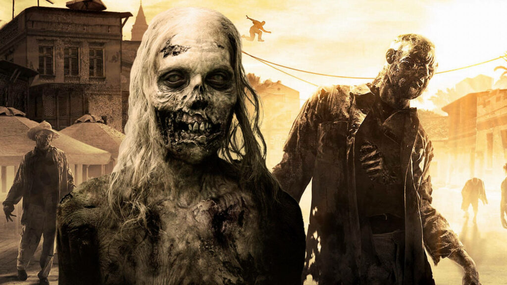 Dying Light infected zombies in eerie yellow post-apocalyptic cityscape horror wallpaper