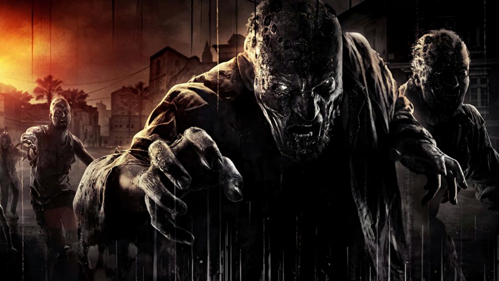 Dying Light wallpaper showing detailed zombies lunging in dark urban sunset scene with cinematic lighting