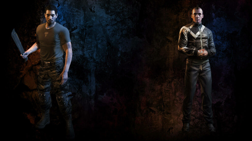 Kyle and Brecken from Dying Light pose with machete and folded arms against dark blue orange background Wallpaper
