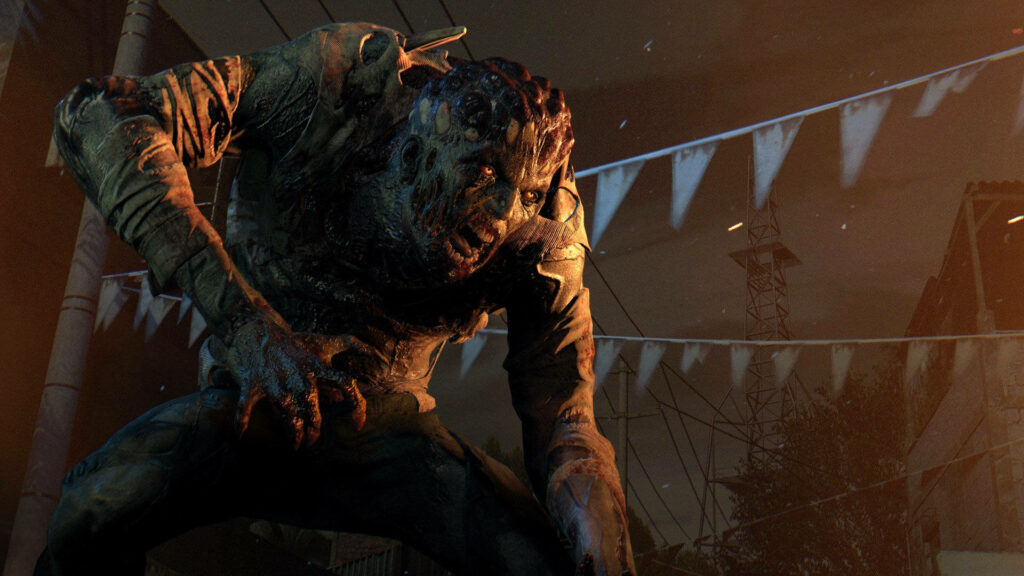 Night Hunter from Dying Light crouching under eerie lights with mutated grotesque body detail Wallpaper