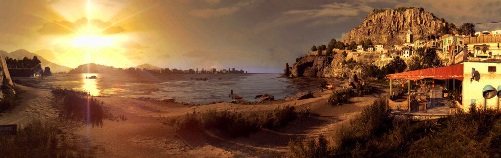 Dying Light sunrise coastal landscape with golden sunlight and post-apocalyptic hillside town view Wallpaper