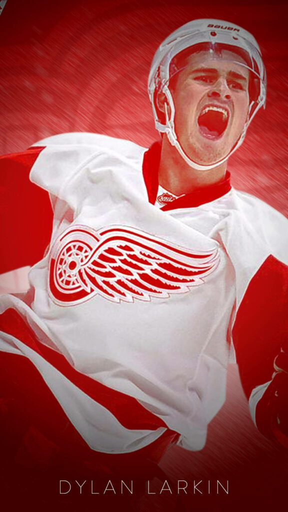 NHL star Dylan Larkin in Detroit Red Wings jersey with vibrant red background dynamic wallpaper