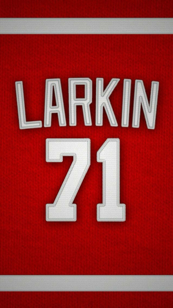 Red textured hockey jersey wallpaper with Larkin 71 white stitched letters bold design