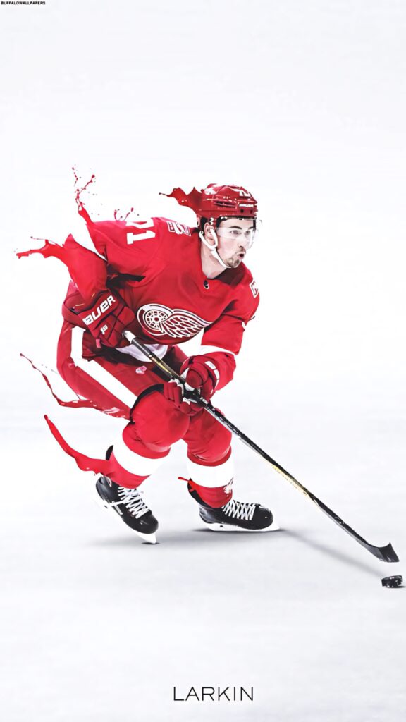 Dylan Larkin Detroit Red Wings action shot dynamic hockey wallpaper with speed splash effects
