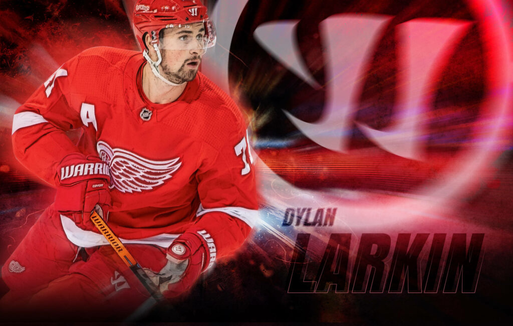 Dylan Larkin Detroit Red Wings captain in red jersey dynamic wallpaper with winged wheel logo