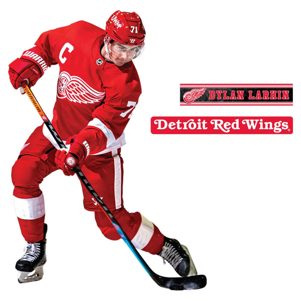 Dylan Larkin Detroit Red Wings captain in action red uniform dynamic hockey wallpaper background
