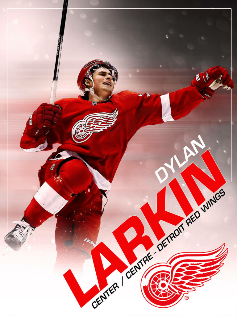 Dylan Larkin Detroit Red Wings action shot vibrant red jersey icy background hockey wallpaper
