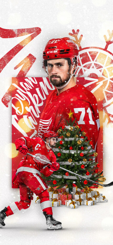 Dylan Larkin Detroit Red Wings festive wallpaper with snowy Christmas tree and holiday gifts