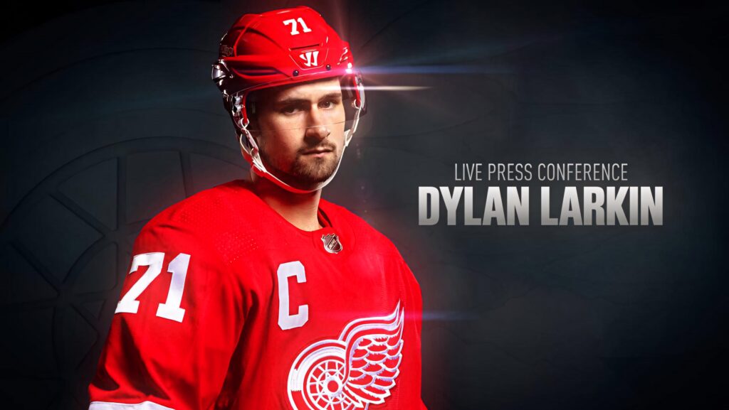 NHL Dylan Larkin Detroit Red Wings wallpaper live press conference dramatic lighting background