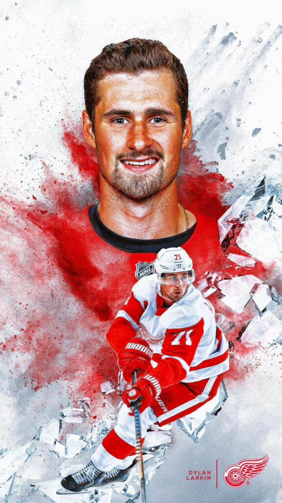 Dynamic wallpaper of NHL captain Dylan Larkin in Detroit Red Wings gear with shattered ice effects
