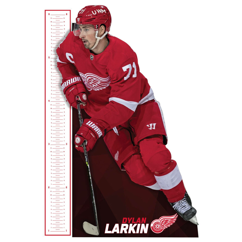 Dylan Larkin Detroit Red Wings hockey player in red uniform with height chart white background Wallpaper