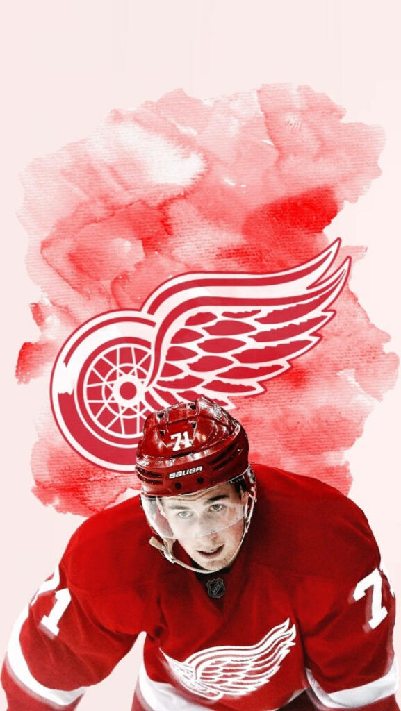 Detroit Red Wings captain Dylan Larkin in action red watercolor background Red Wings logo Wallpaper