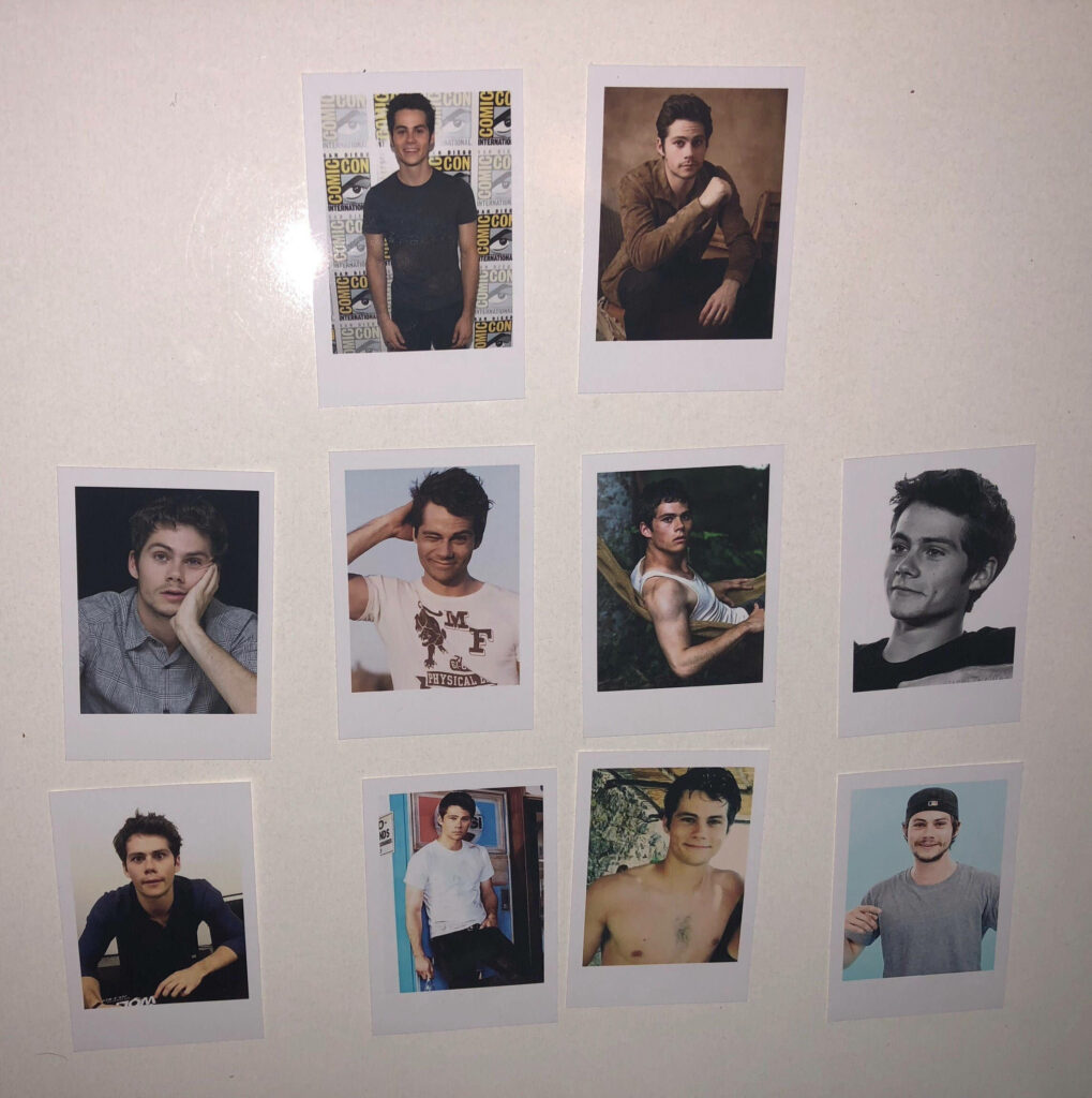 Dylan O'Brien wallpaper collage Polaroid photos stylish modern background soft neutral tones