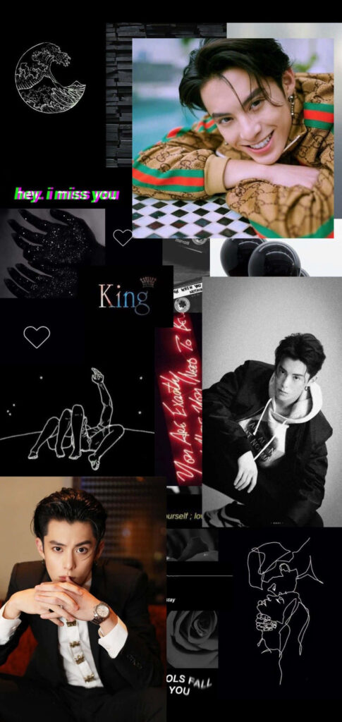 Collage wallpaper of Dylan Wang with black and white sketches neon text and modern minimalist design