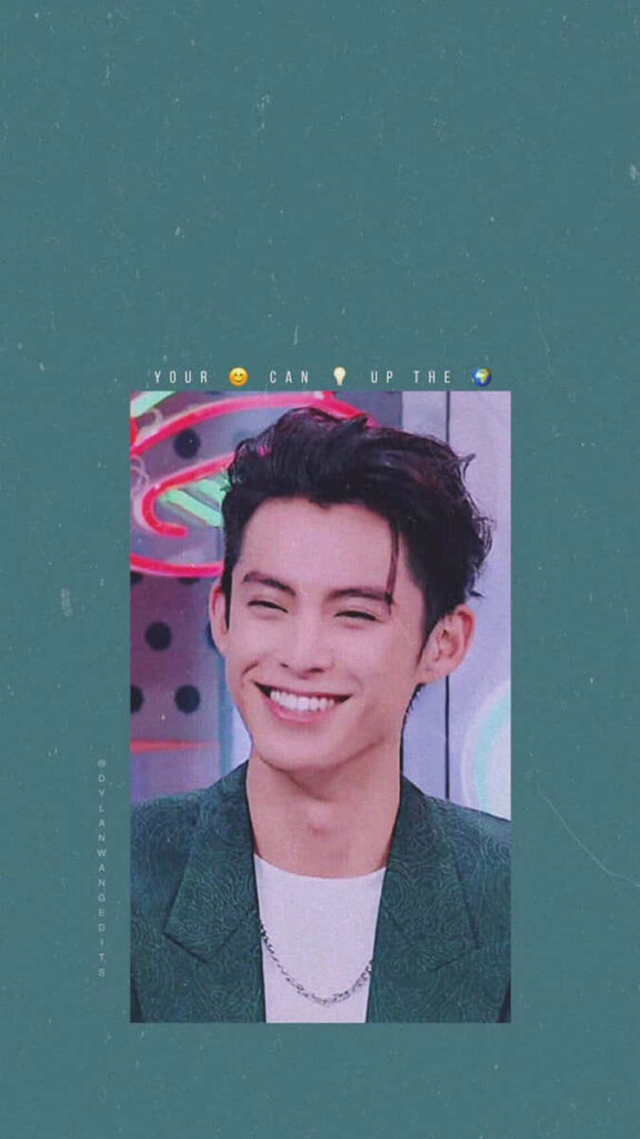 Dylan Wang smiling brightly teal background your smile can light up the world pastel wallpaper