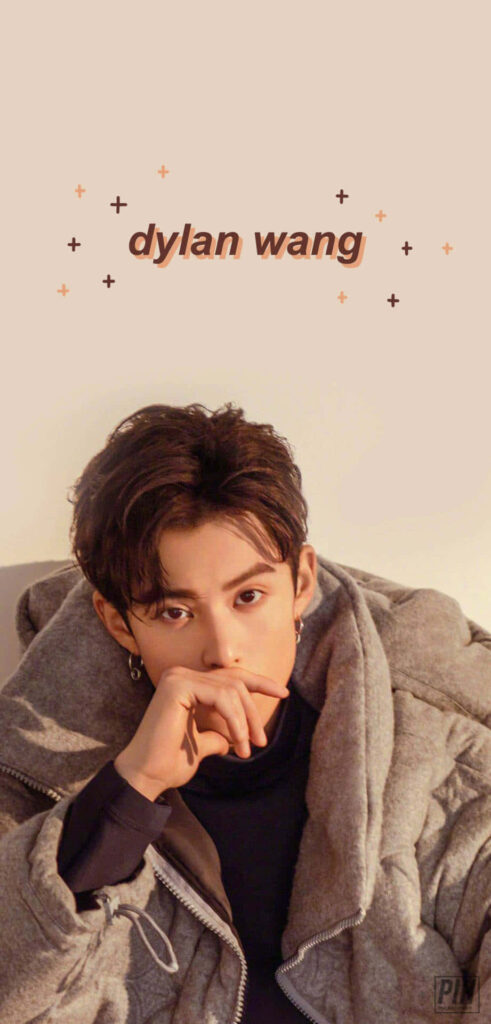 Dylan Wang in grey fluffy jacket posing thoughtfully on beige background modern cozy wallpaper