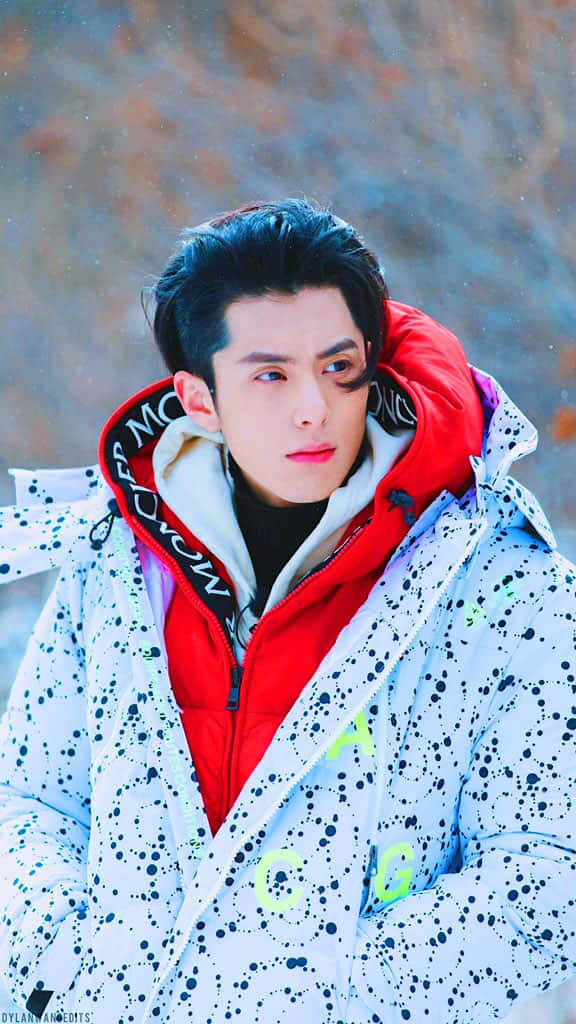 Dylan Wang in layered red and white jacket with black patterns in snowy winter landscape wallpaper