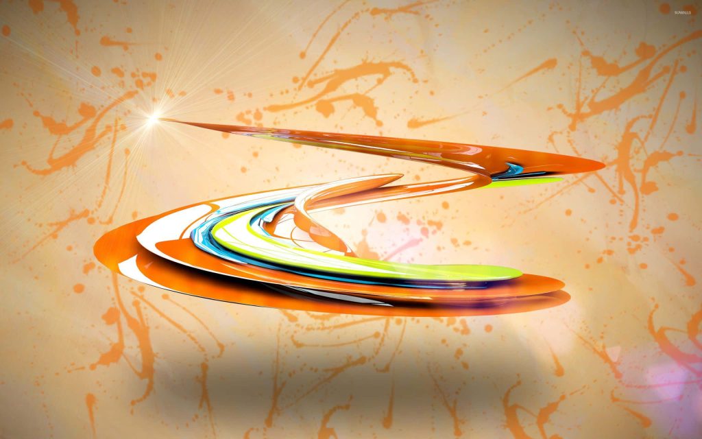 3D abstract wallpaper with glossy orange white cyan swirl and radiant lens flare on splattered background