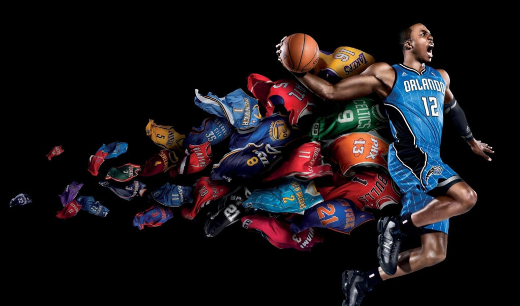 Dynamic 3D Basketball Wallpaper: Player in Action with Vibrant Jerseys