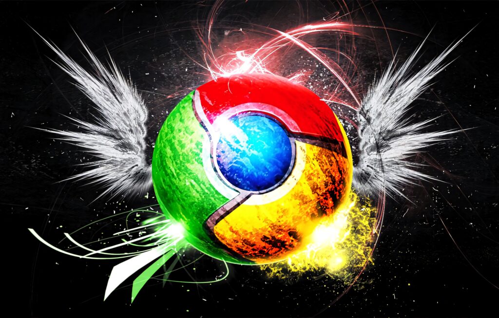 3D Chrome logo wallpaper with glowing sparks radiant energy and ethereal white wings on dark background