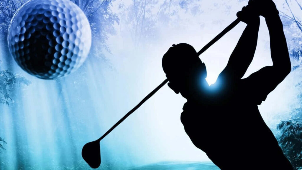 Dynamic Golfer Silhouette Wallpaper on Ethereal Blue Golf Course