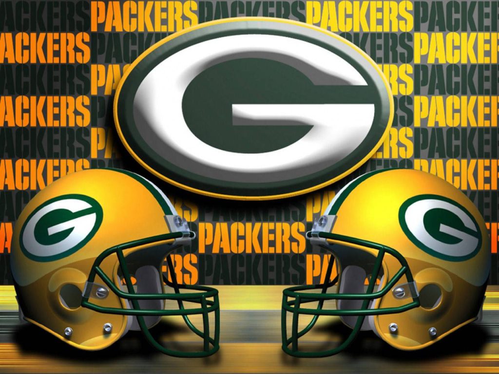 3D Green Bay Packers wallpaper with helmets and motion blur in yellow and green colors