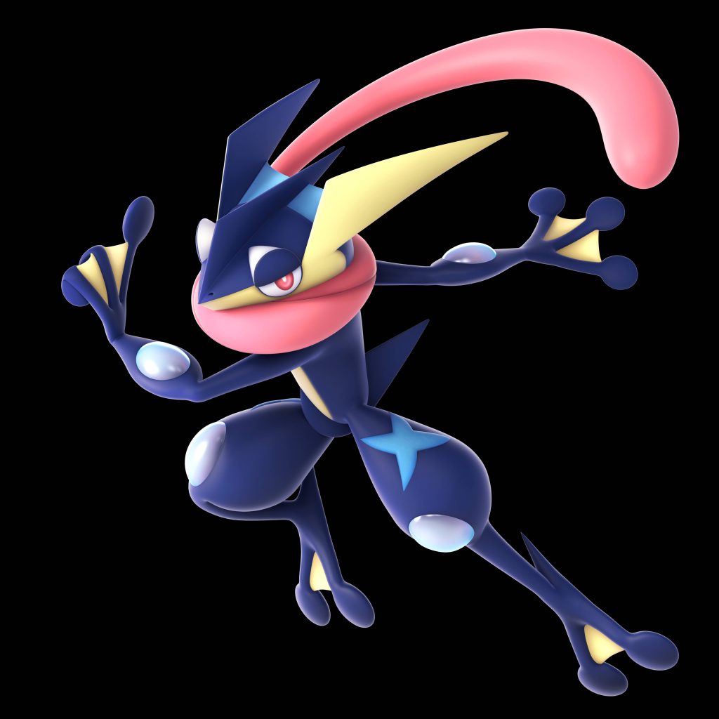 3D CGI Pokémon Greninja wallpaper vibrant blue pink ninja pose on sleek black background