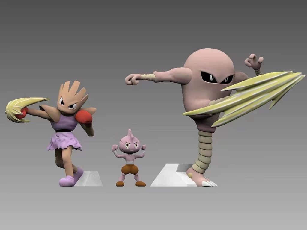3D digital art wallpaper featuring Tyrogue Hitmonchan and Hitmonlee in dynamic action poses