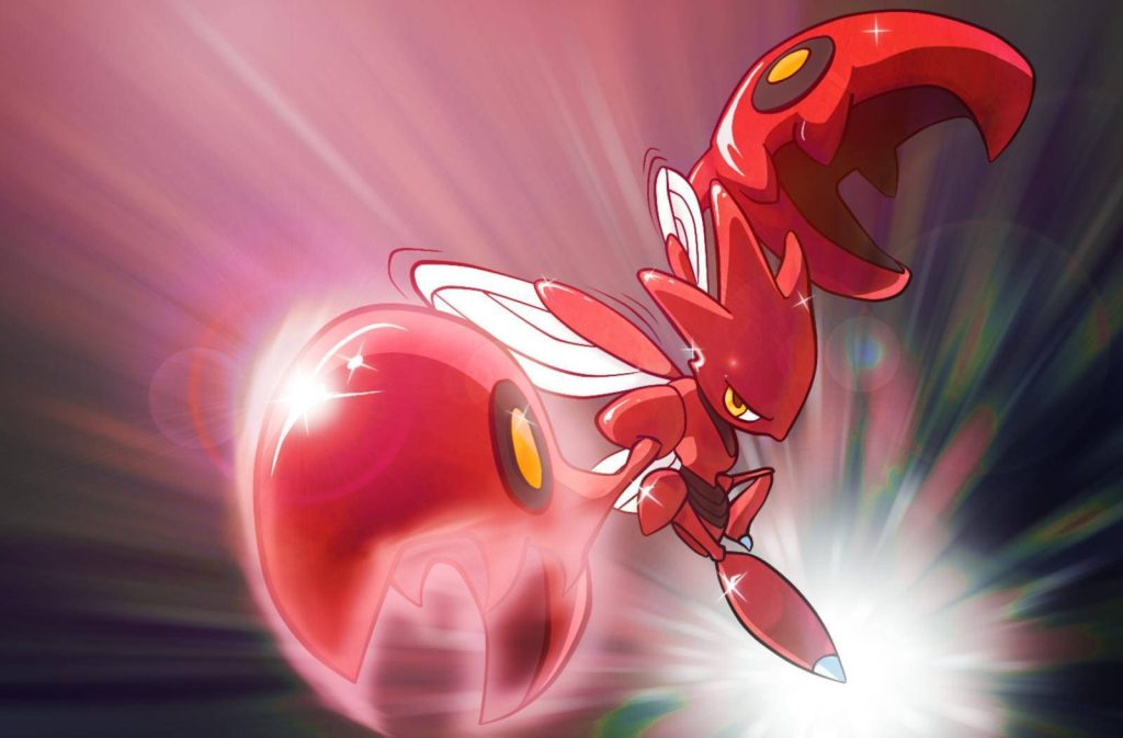 Dynamic 3D anime wallpaper of Scizor with glowing red armor and oversized pincers in action pose
