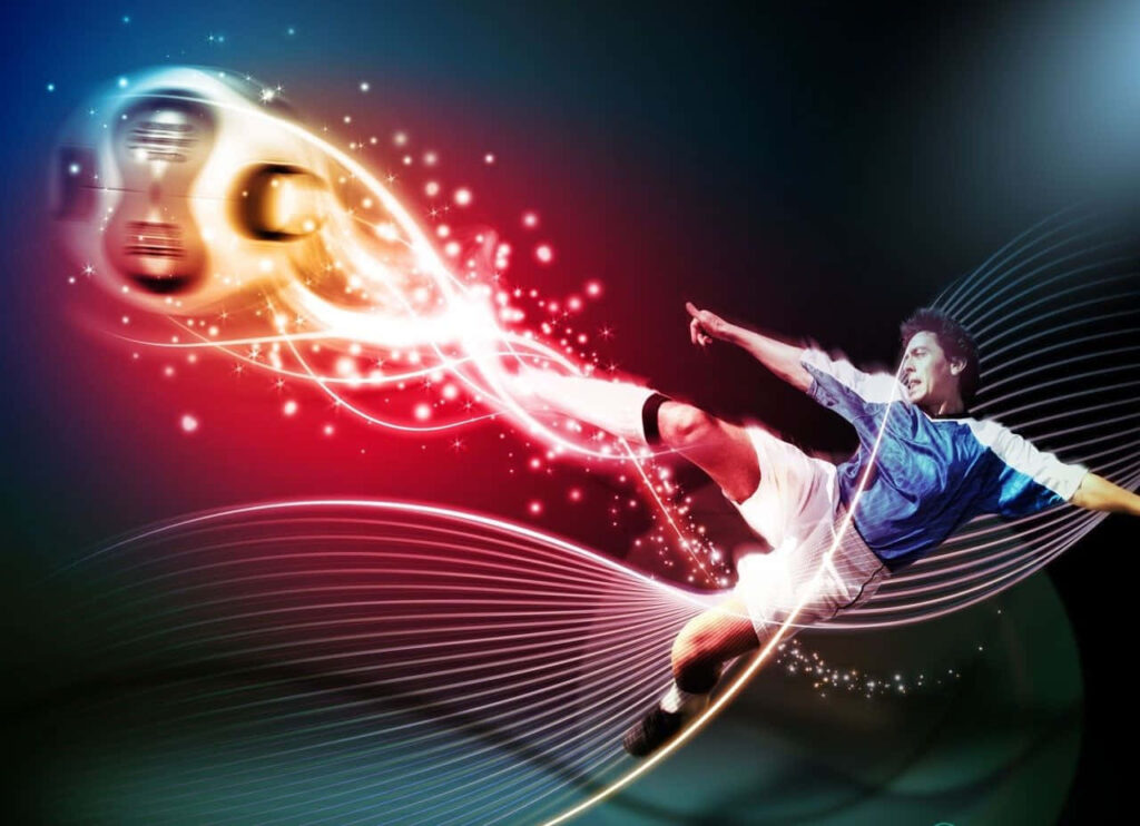 Dynamic 3D Soccer Action Wallpaper: Powerful Kick in Mid-Air
