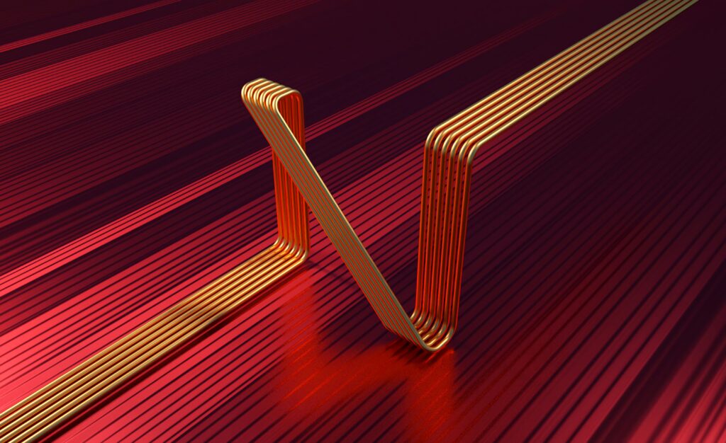 Dynamic 3D Zigzag Wallpaper: Metallic Tubes & Deep Red Background