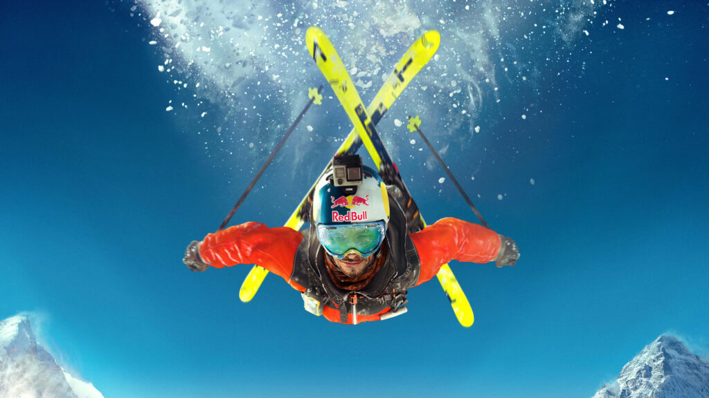 Vibrant 4K Skiing Wallpaper: Skier in Mid-Air against Snowy Mountains