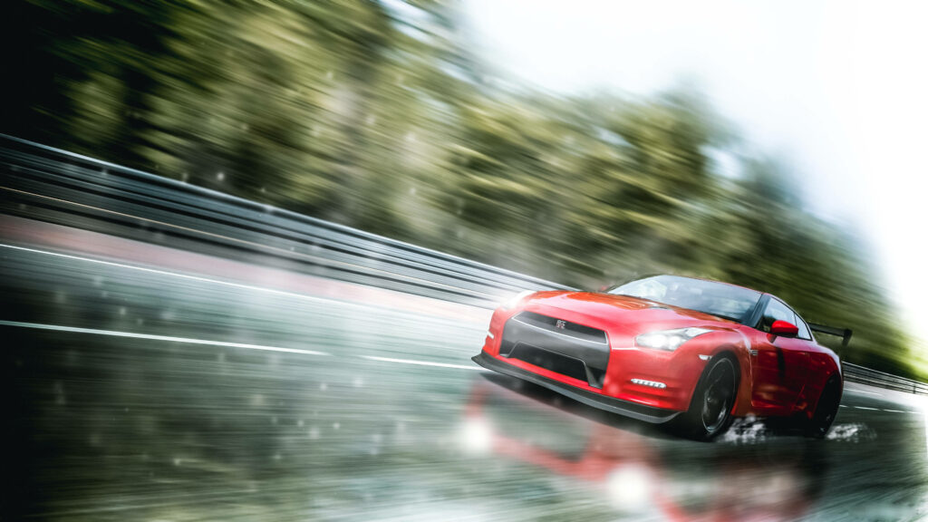 Dynamic 4K Wallpaper: Red Nissan GT-R Thrills on Rainy Track