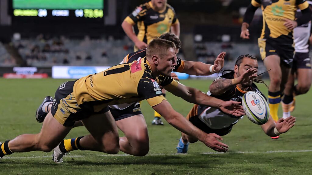 Dynamic ACT Brumbies rugby players in yellow and black jerseys diving under stadium lights Wallpaper