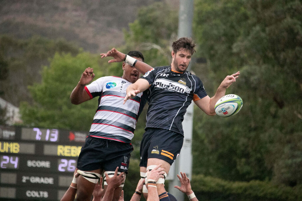 ACT Brumbies rugby players in navy gold kit jumping line-out on lush field intense match wallpaper
